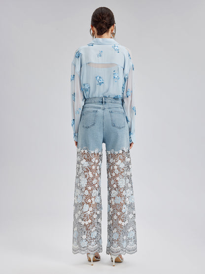 Elegant Rhinestone Lace Denim Jeans