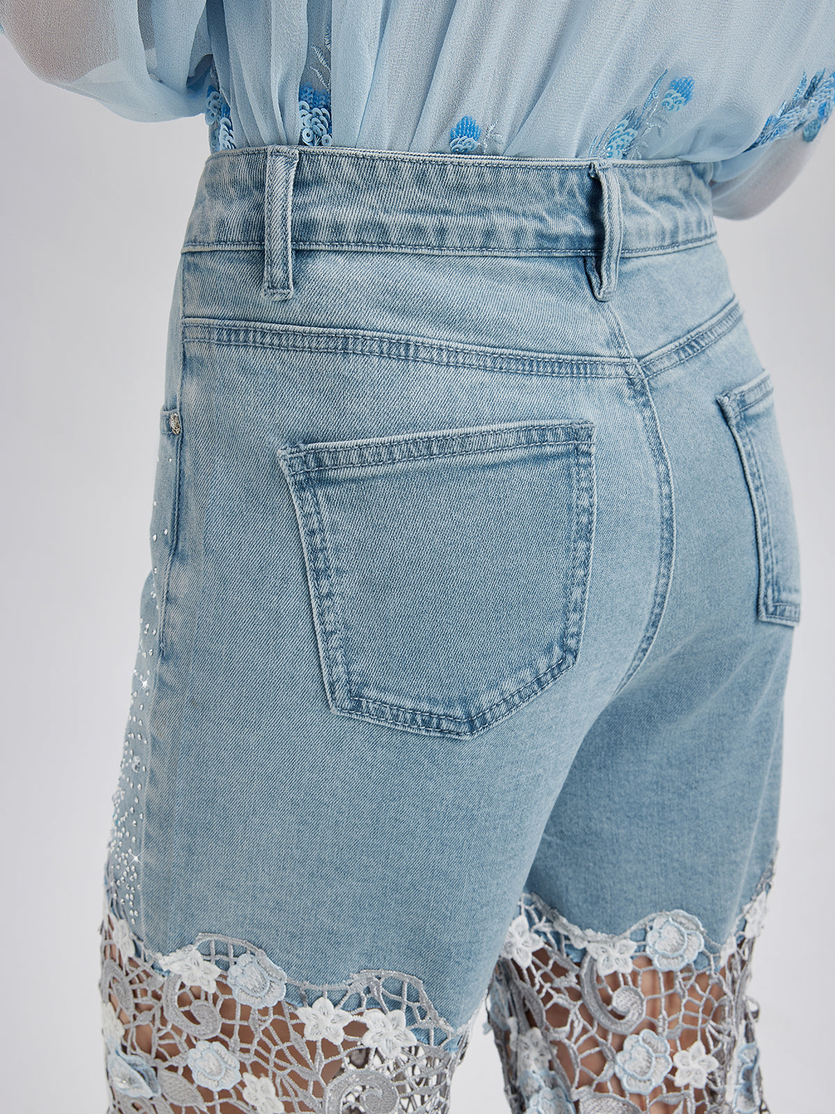 Elegant Rhinestone Lace Denim Jeans