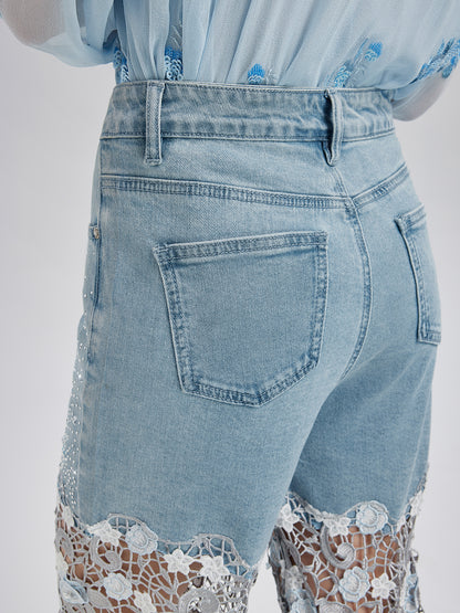 Elegant Rhinestone Lace Denim Jeans