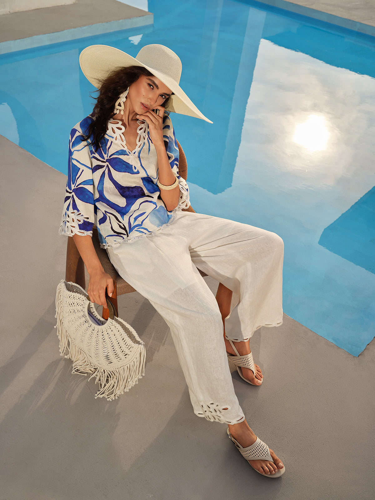 Linen Cutout Embroidered Straight-Leg Pants