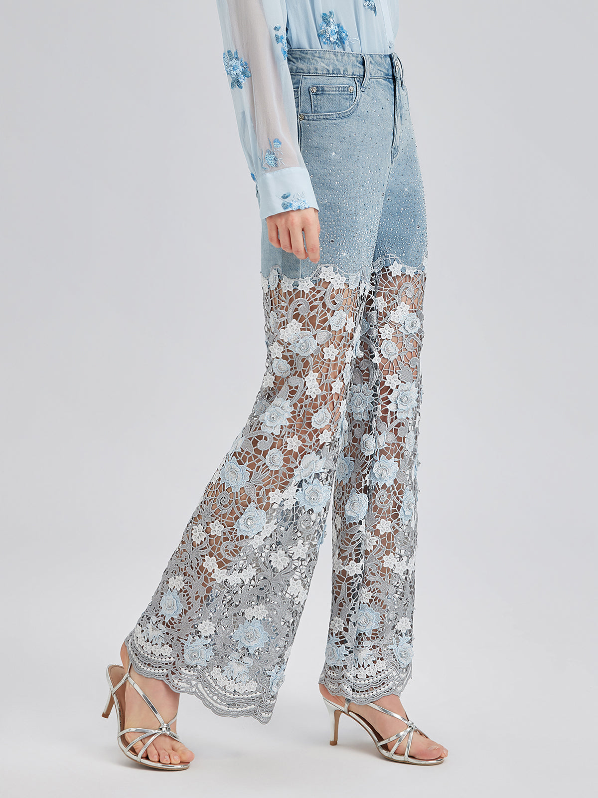 Final Sale | Elegant Rhinestone Lace Denim Jeans