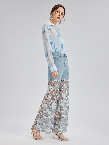 Elegant Rhinestone Lace Denim Jeans