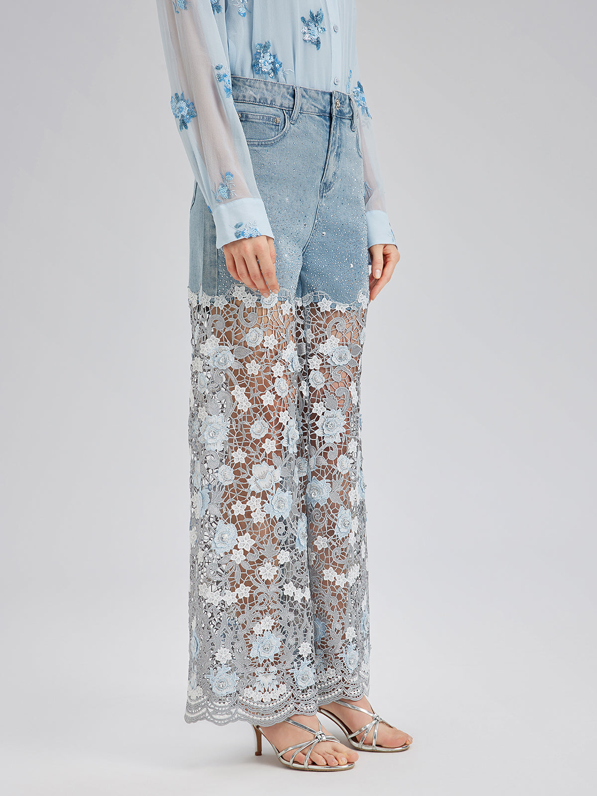 Final Sale | Elegant Rhinestone Lace Denim Jeans