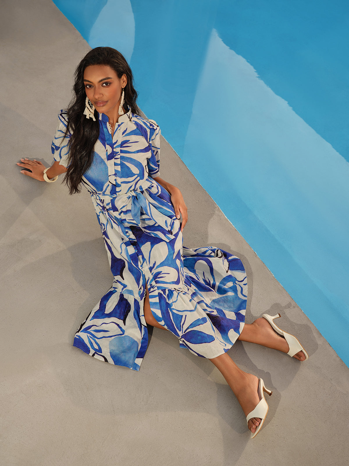 Hand-Drawn Resort Print Linen Dress (Waist Tie Included)