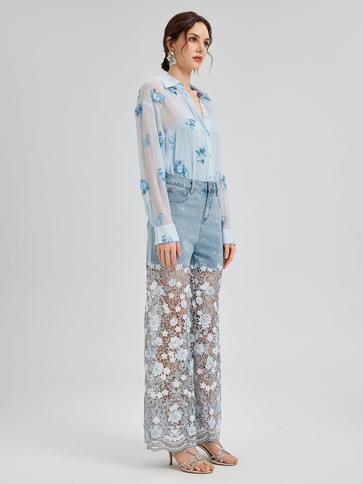 Elegant Rhinestone Lace Denim Jeans