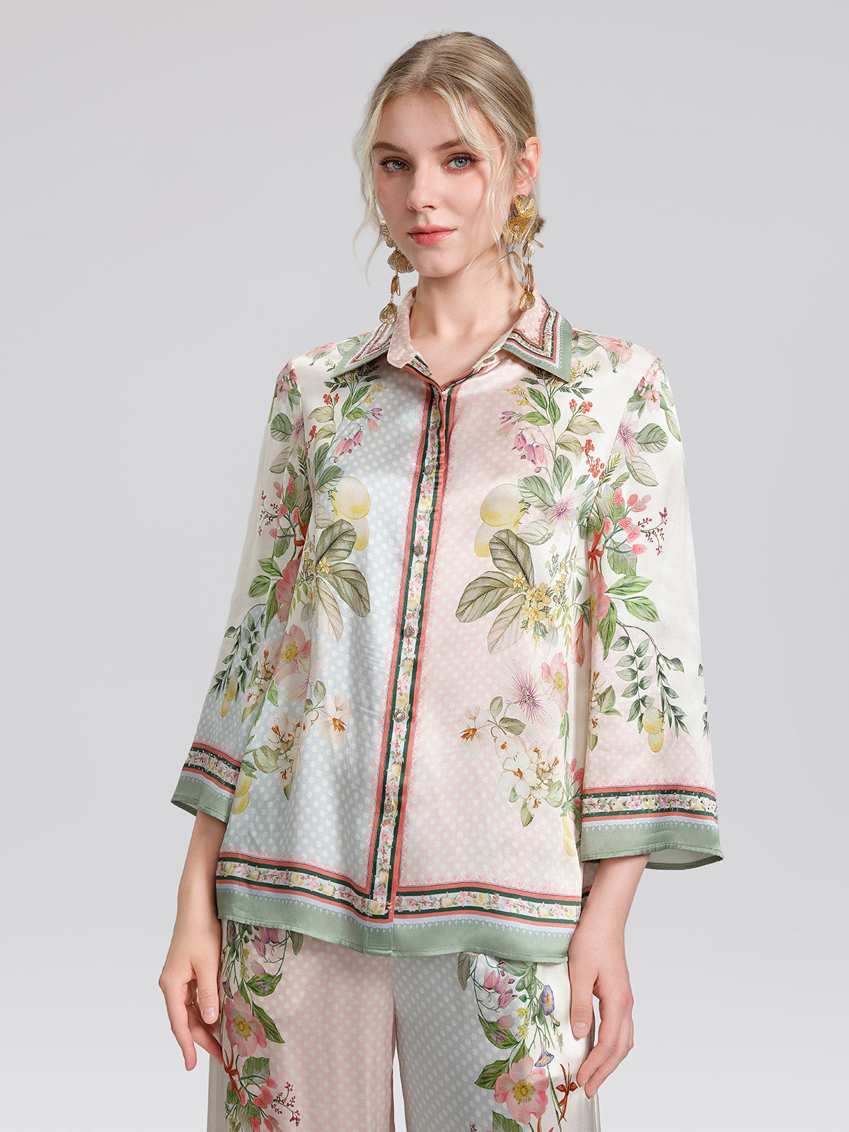 100% Silk Vintage Print Three-Quarter Sleeve Shirt