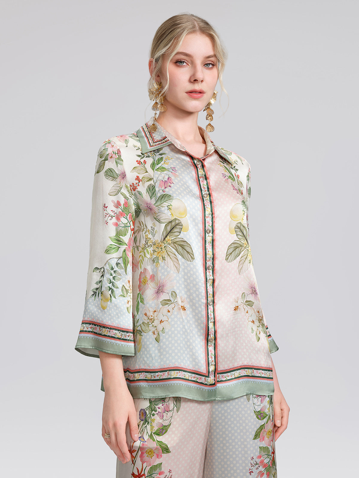 100% Silk Vintage Print Three-Quarter Sleeve Shirt