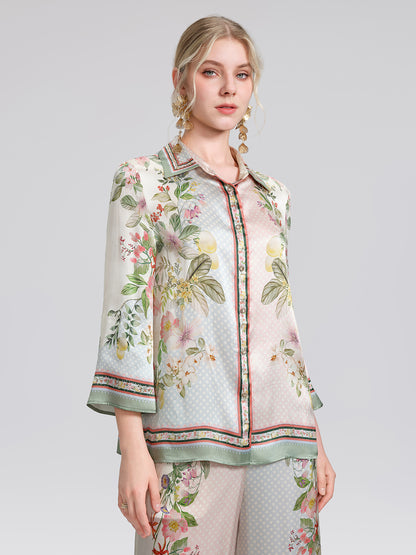 100% Silk Vintage Print Three-Quarter Sleeve Shirt