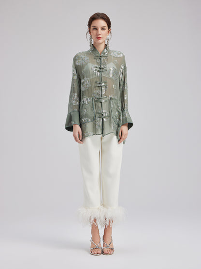 Silk Floral Embroidered Chinese Style Shirt