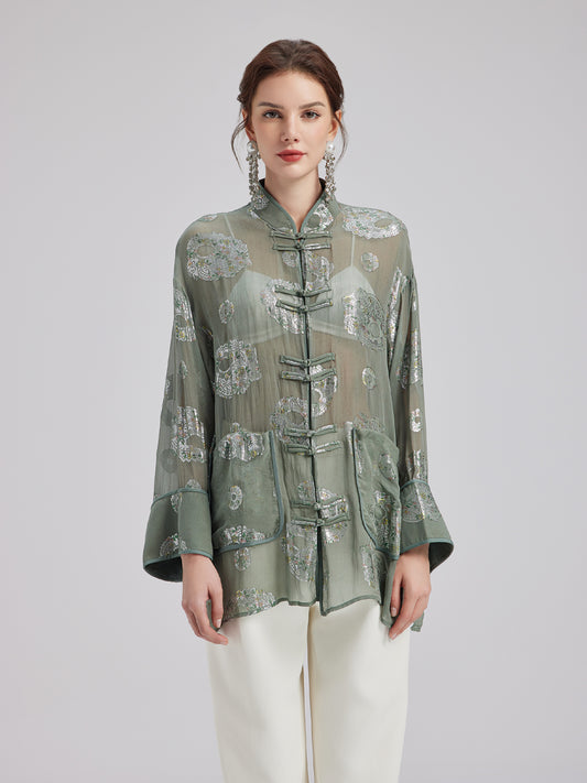 Silk Floral Embroidered Chinese Style Shirt