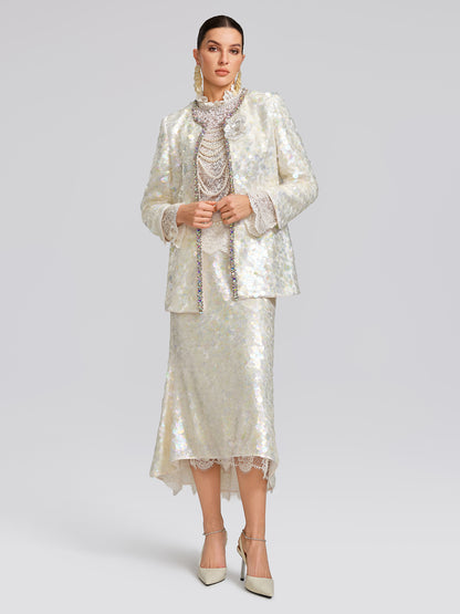 Iridescent Sequin Hand-Beaded Jacket (Detachable Flower Included)