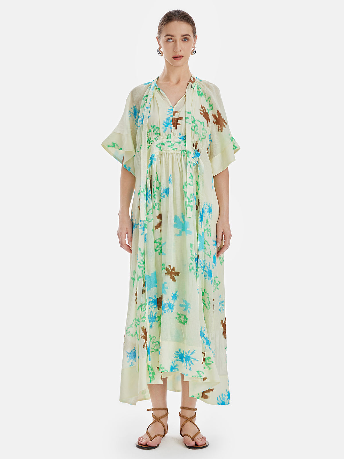 Elegant Linen Floral Long-Sleeve Print Dress