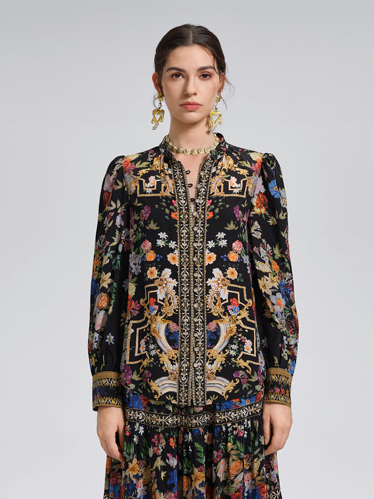 100% Silk Floral Print Rhinestone Blouse
