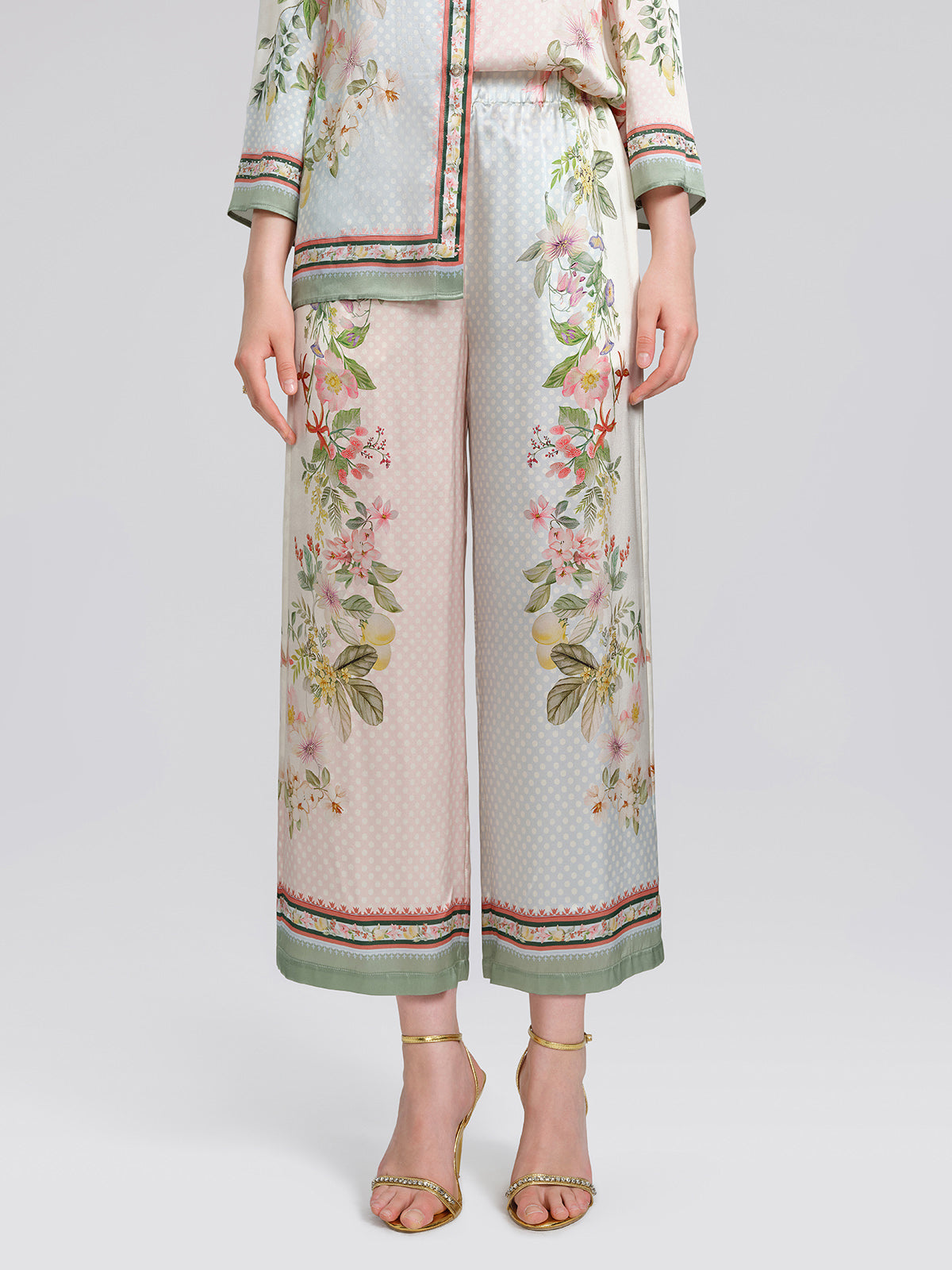 100% Silk Vintage Print Elastic Waist Cropped Wide-Leg Pants