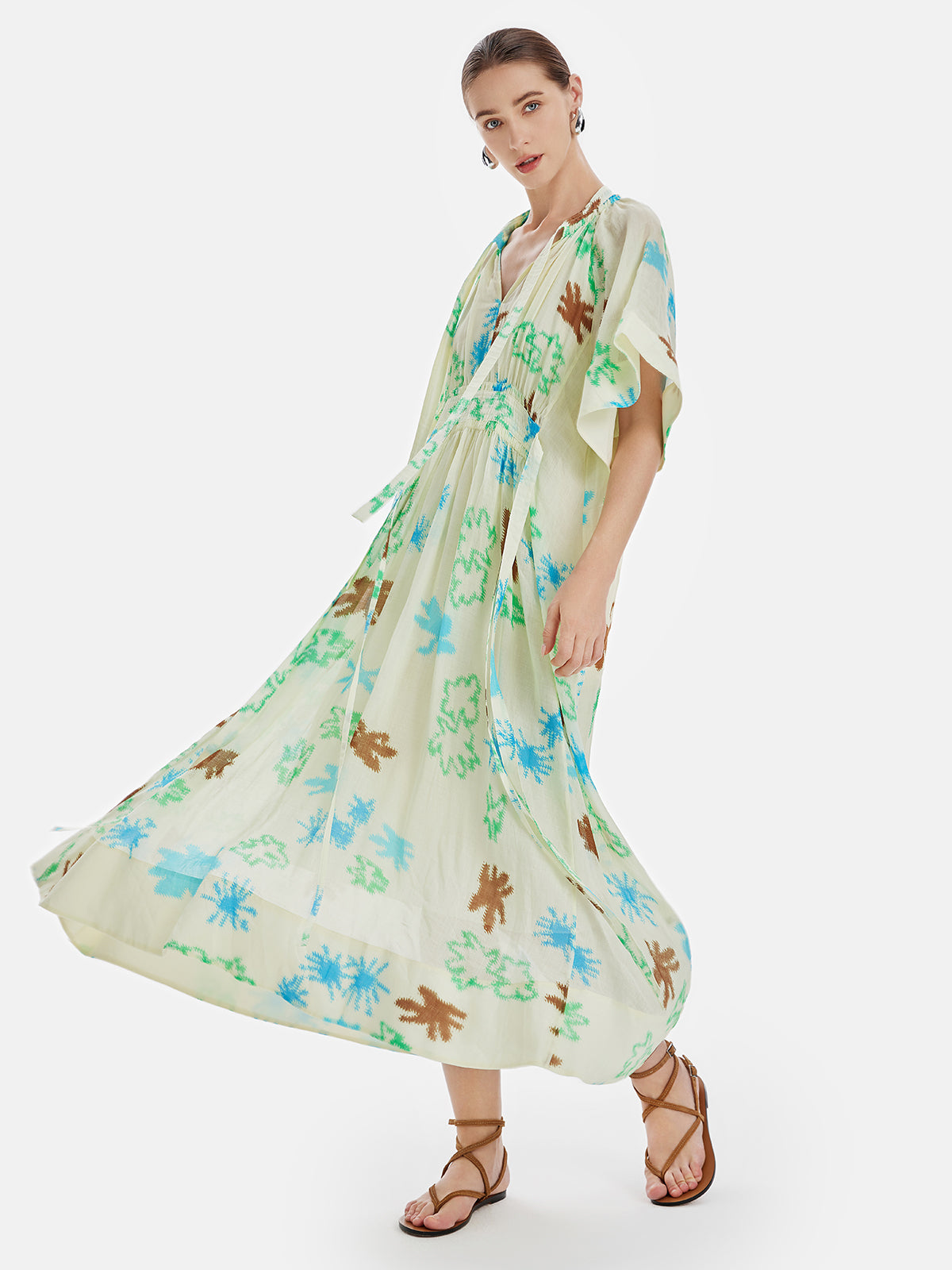 Elegant Linen Floral Long-Sleeve Print Dress