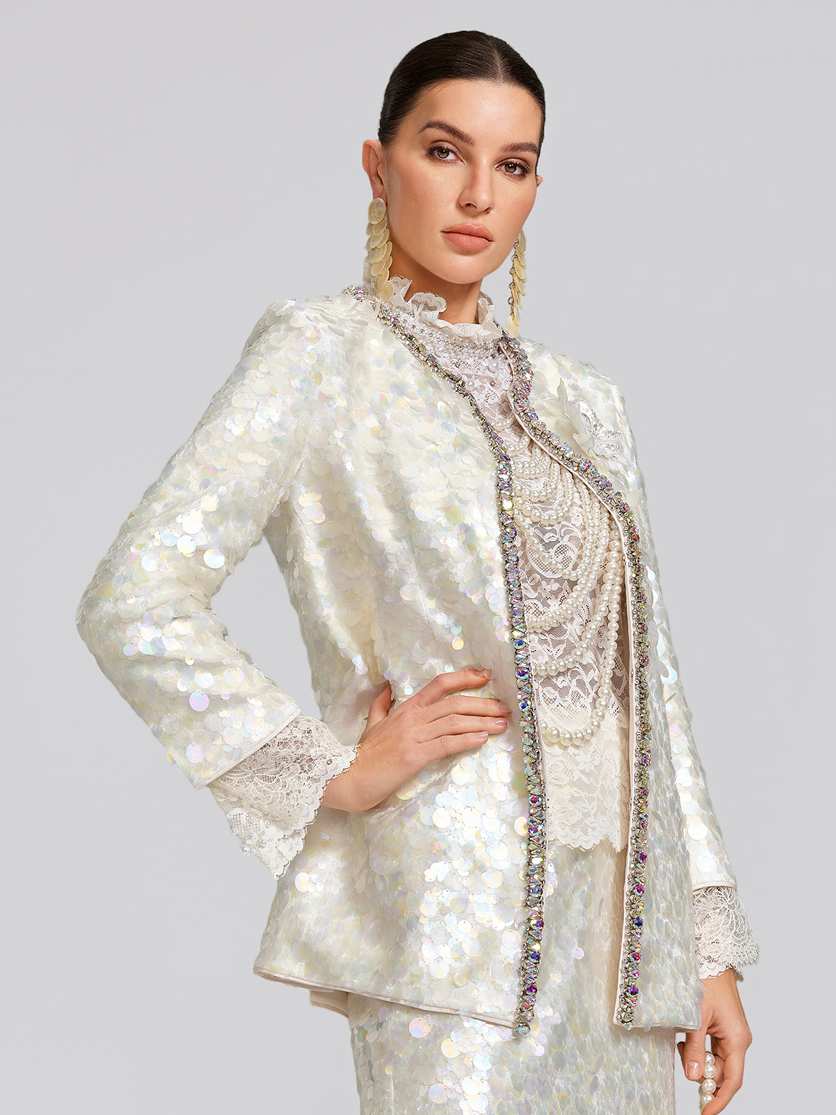 Iridescent Sequin Hand-Beaded Jacket (Detachable Flower Included)