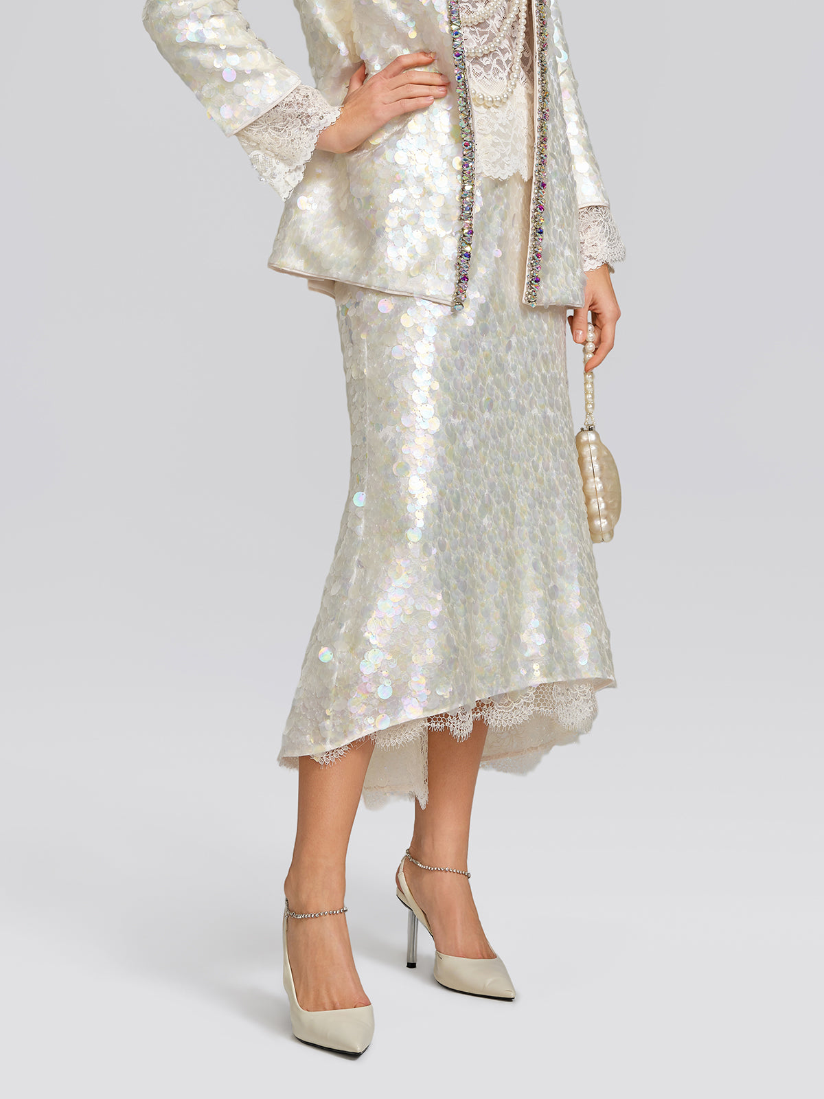 Iridescent Sequin Lace Trim Skirt