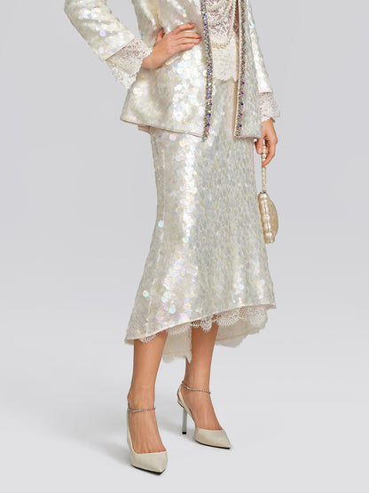 Iridescent Sequin Lace Trim Skirt