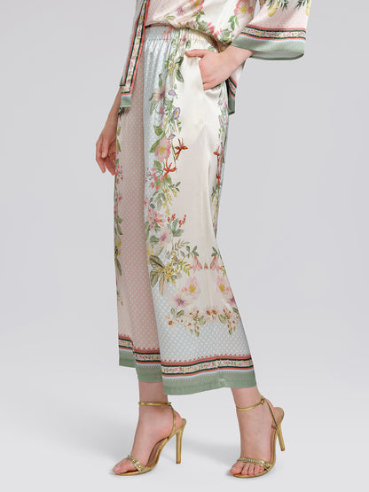 100% Silk Vintage Print Elastic Waist Cropped Wide-Leg Pants