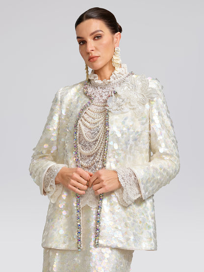 Iridescent Sequin Hand-Beaded Jacket (Detachable Flower Included)