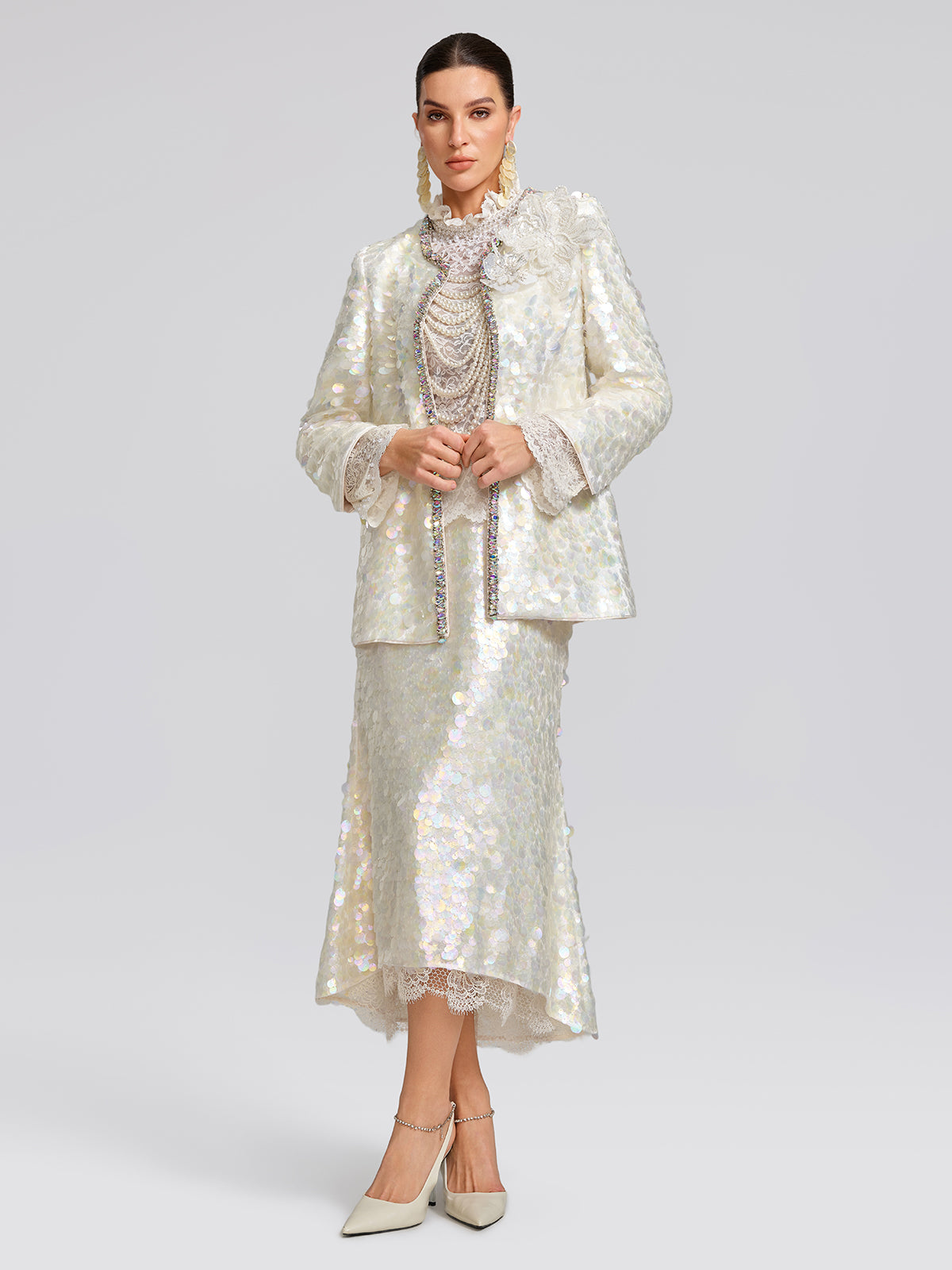 Iridescent Sequin Hand-Beaded Jacket (Detachable Flower Included)