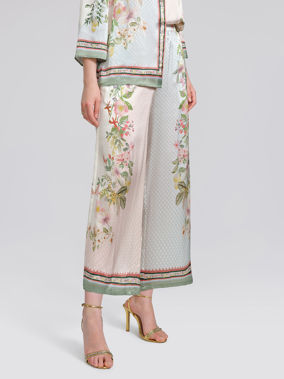 100% Silk Vintage Print Elastic Waist Cropped Wide-Leg Pants
