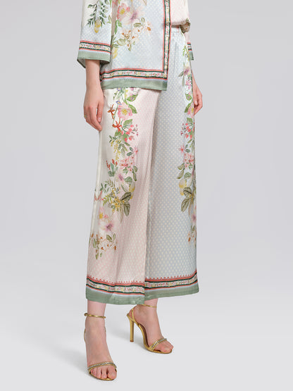 100% Silk Vintage Print Elastic Waist Cropped Wide-Leg Pants