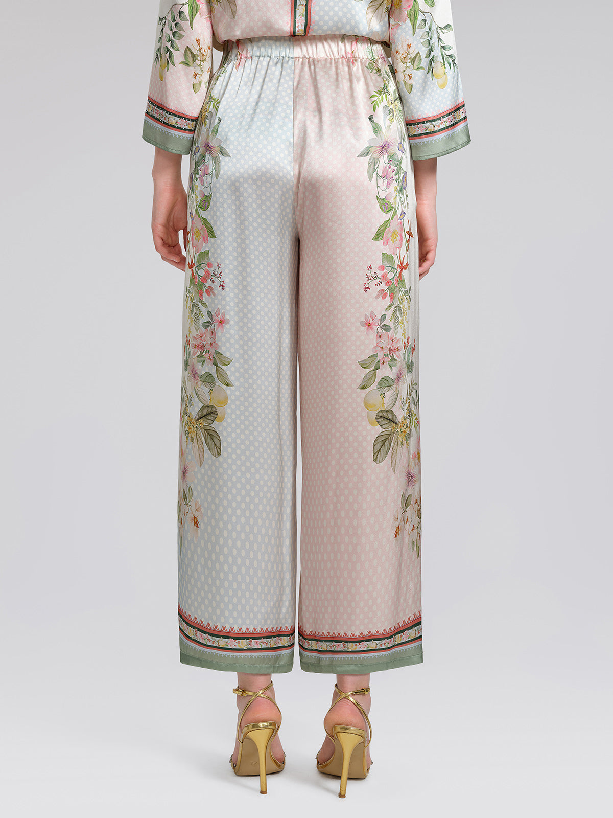 100% Silk Vintage Print Elastic Waist Cropped Wide-Leg Pants
