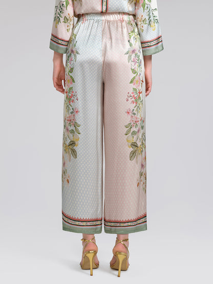 100% Silk Vintage Print Elastic Waist Cropped Wide-Leg Pants