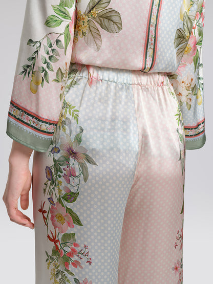 100% Silk Vintage Print Elastic Waist Cropped Wide-Leg Pants