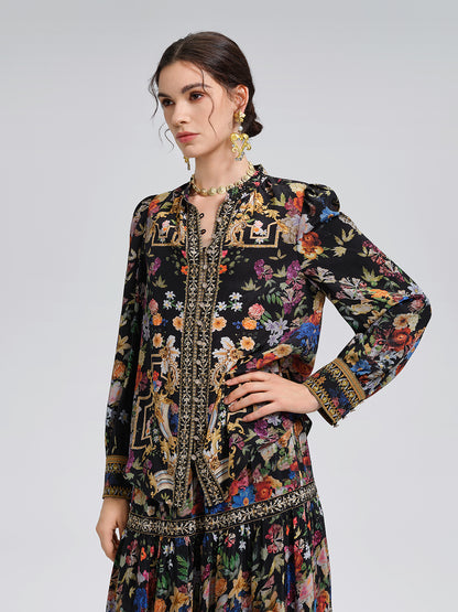 100% Silk Floral Print Rhinestone Blouse