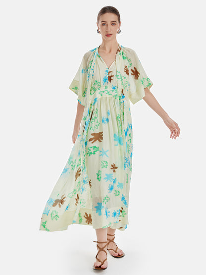 Elegant Linen Floral Long-Sleeve Print Dress