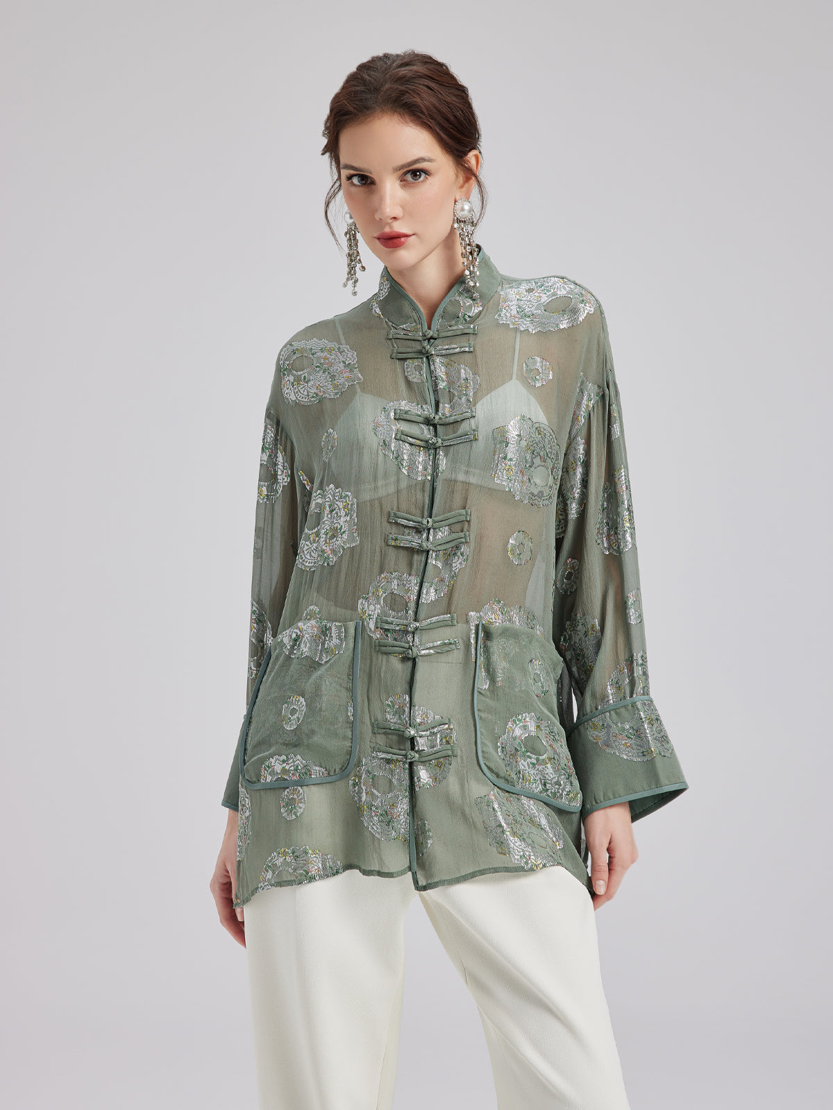 Silk Floral Embroidered Chinese Style Shirt