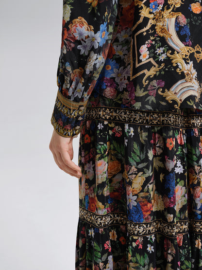 100% Silk Floral Print Rhinestone Blouse