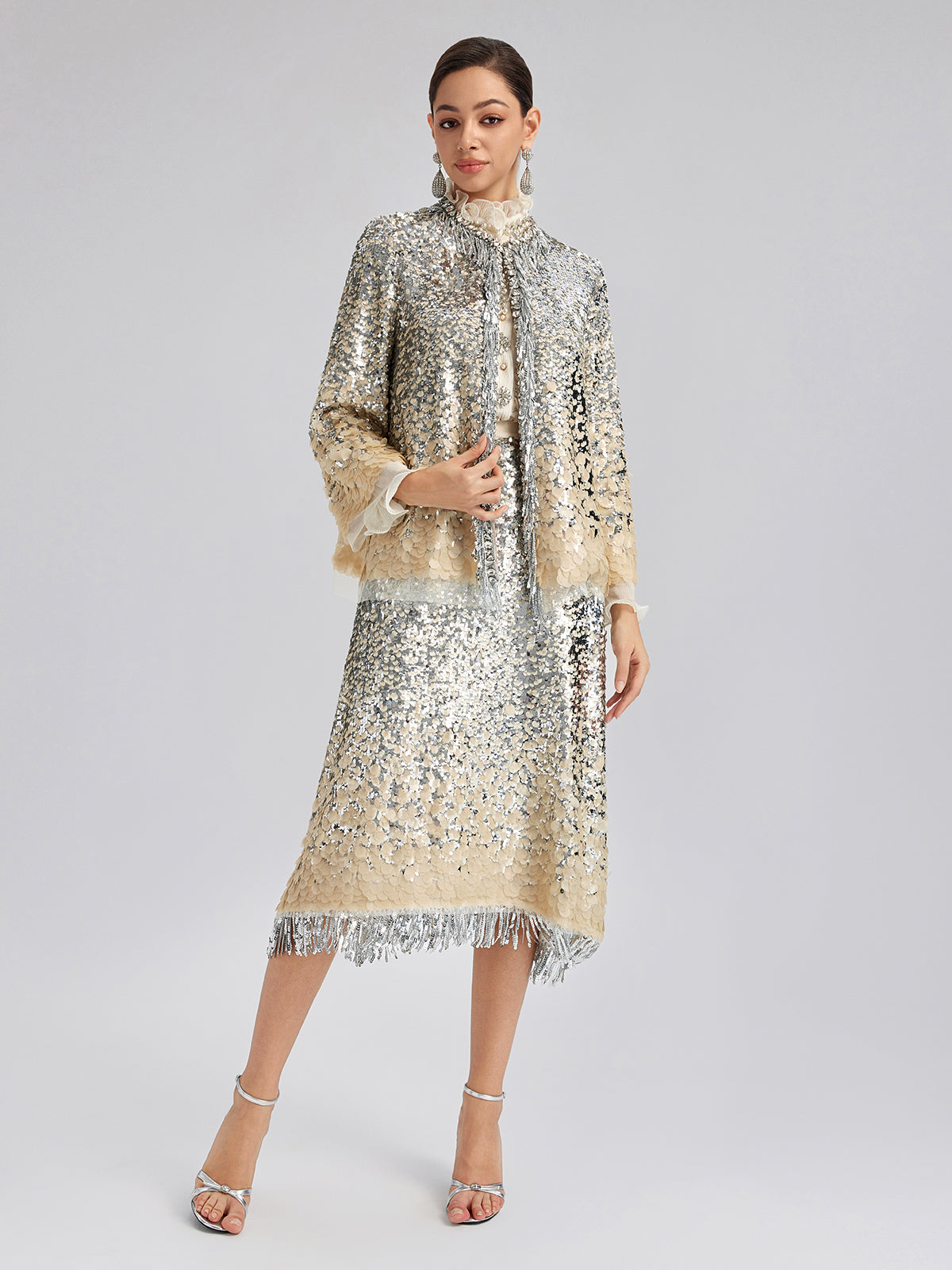 Ombre Sequin Fringe Elastic-Waist A-Line Skirt