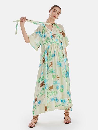 Elegant Linen Floral Long-Sleeve Print Dress