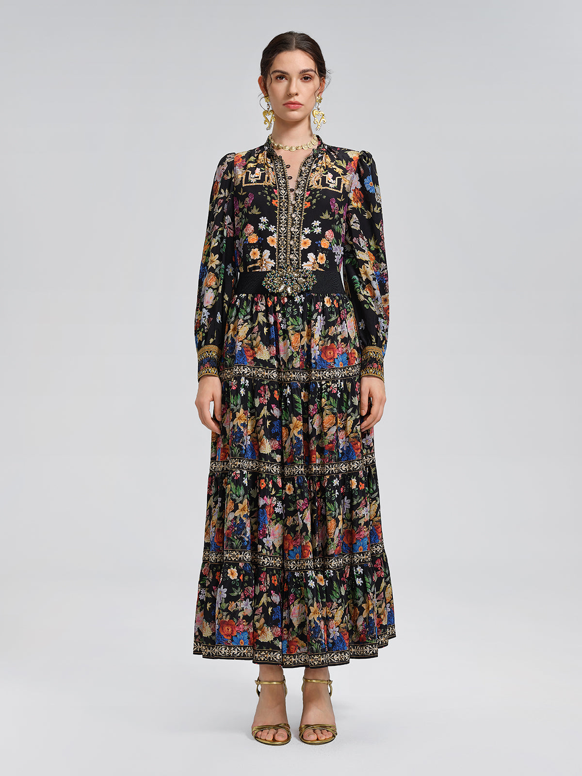 100% Silk Floral Print Rhinestone Blouse