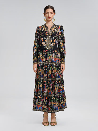 100% Silk Floral Print Rhinestone Blouse