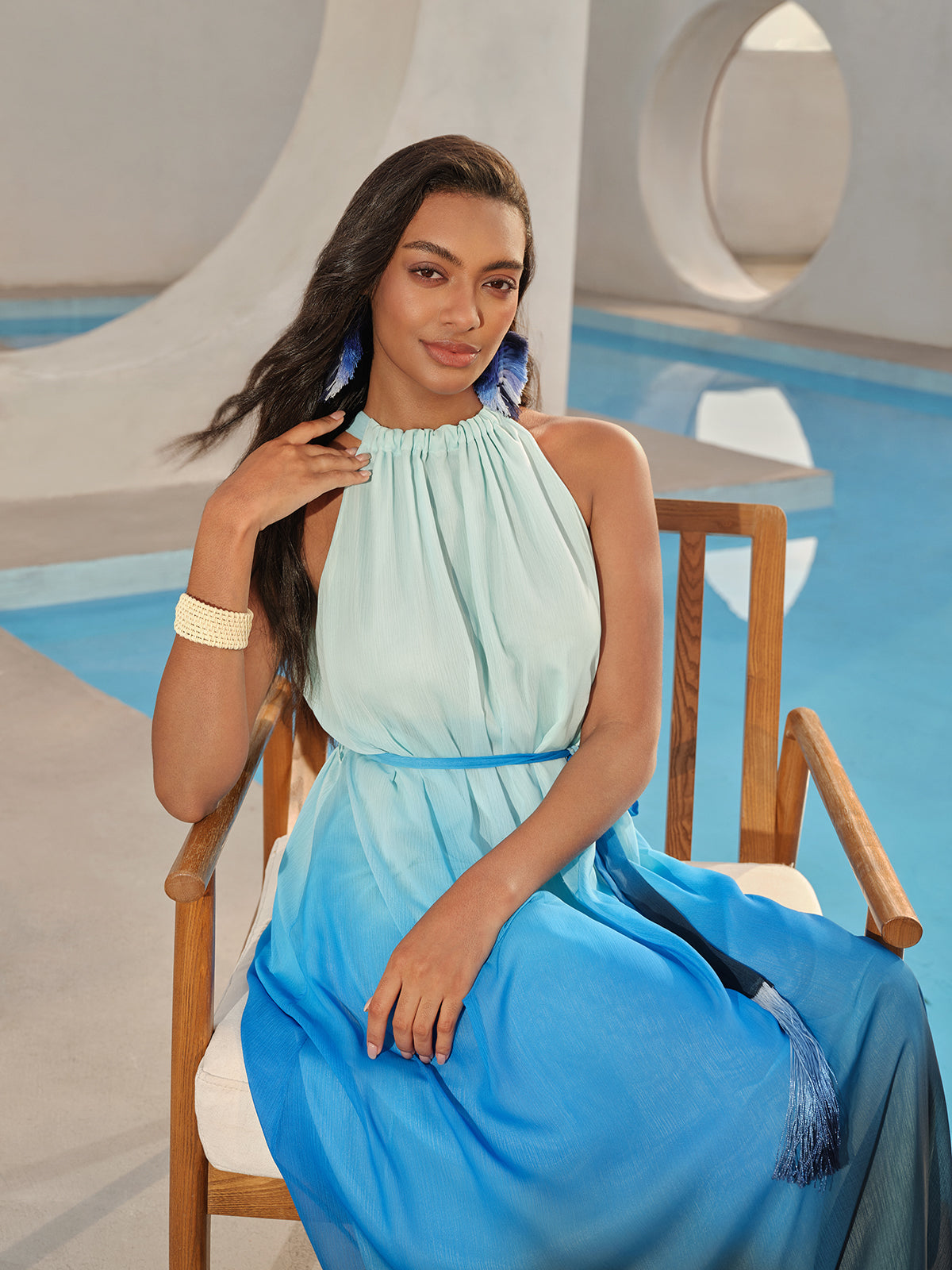 Pleated-Neck Tie-Detail Gradient Maxi Dress (Waist Tie Included)