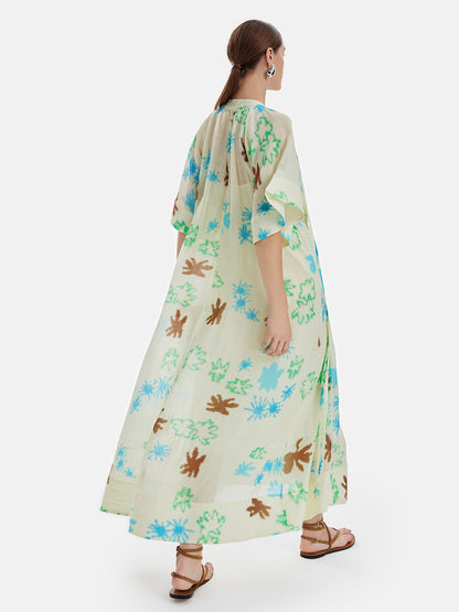 Elegant Linen Floral Long-Sleeve Print Dress