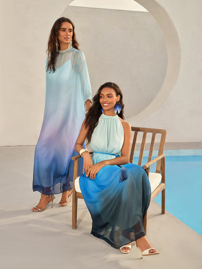 Pleated-Neck Tie-Detail Gradient Maxi Dress (Wasit Tie Included)