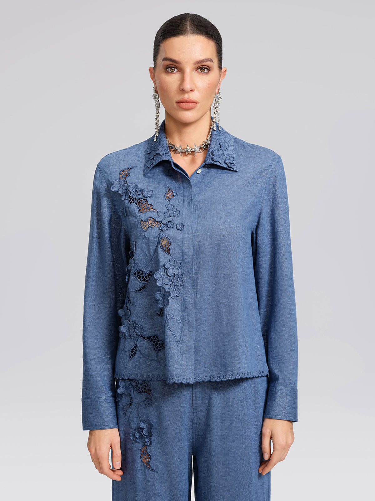 Art Cutout Floral Embroidered Linen Shirt