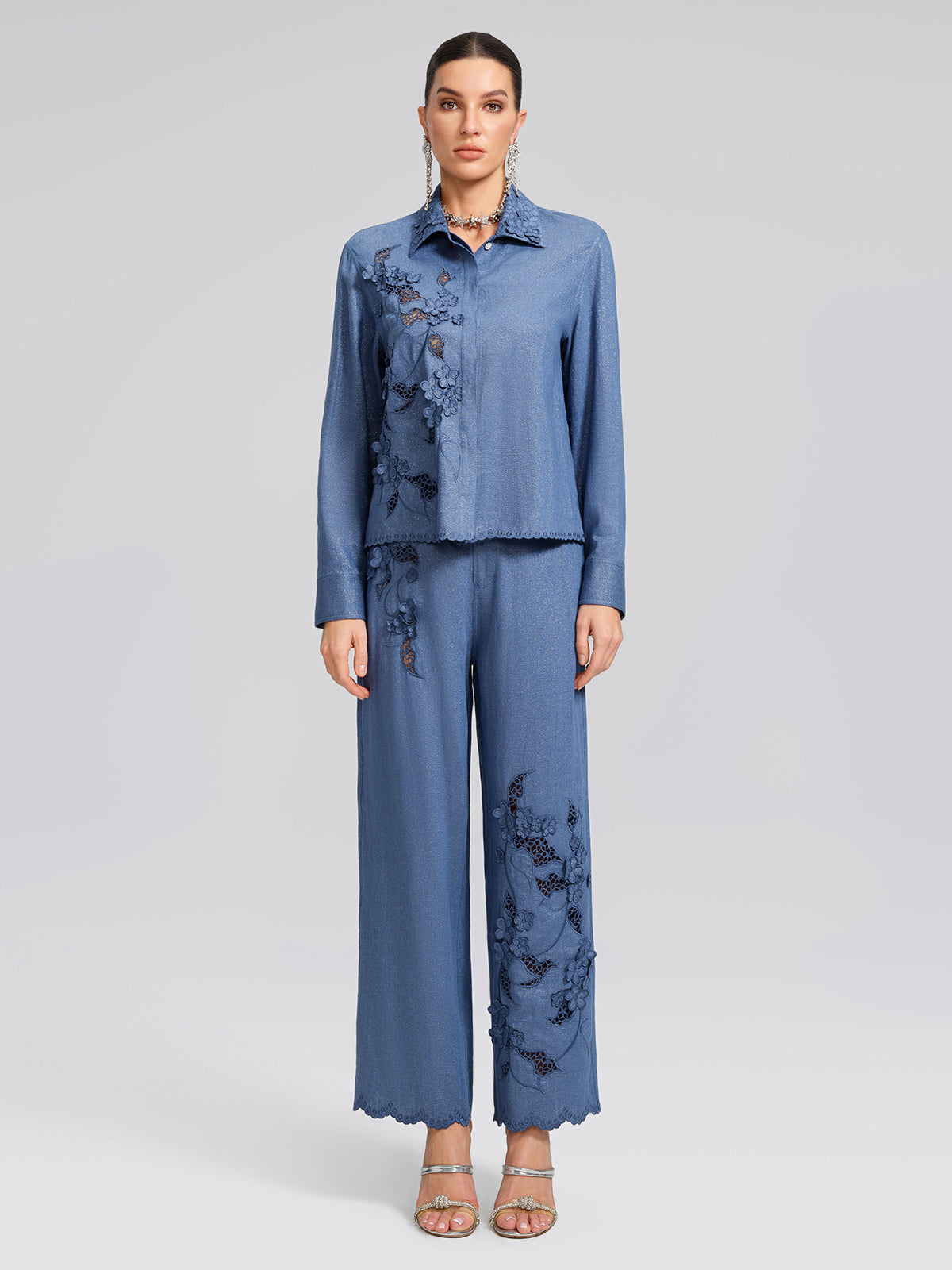 Art Cutout Floral Embroidered Linen Pants