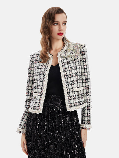 French Wool-Blend Beaded Plaid Jacket