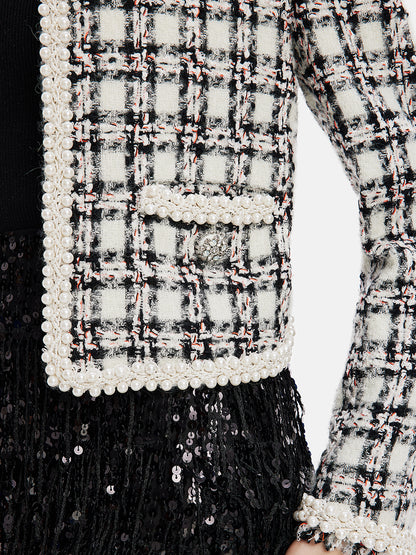 French Wool-Blend Beaded Plaid Jacket