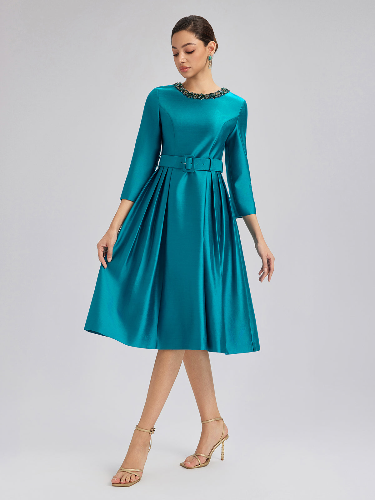 satin hand-beaded cocktail dress V-Neck Draped Beads Satin Cocktail Dress in Emerald green L