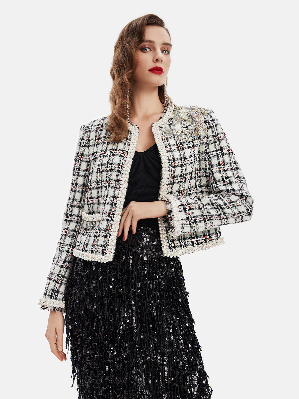 French Wool-Blend Beaded Plaid Jacket