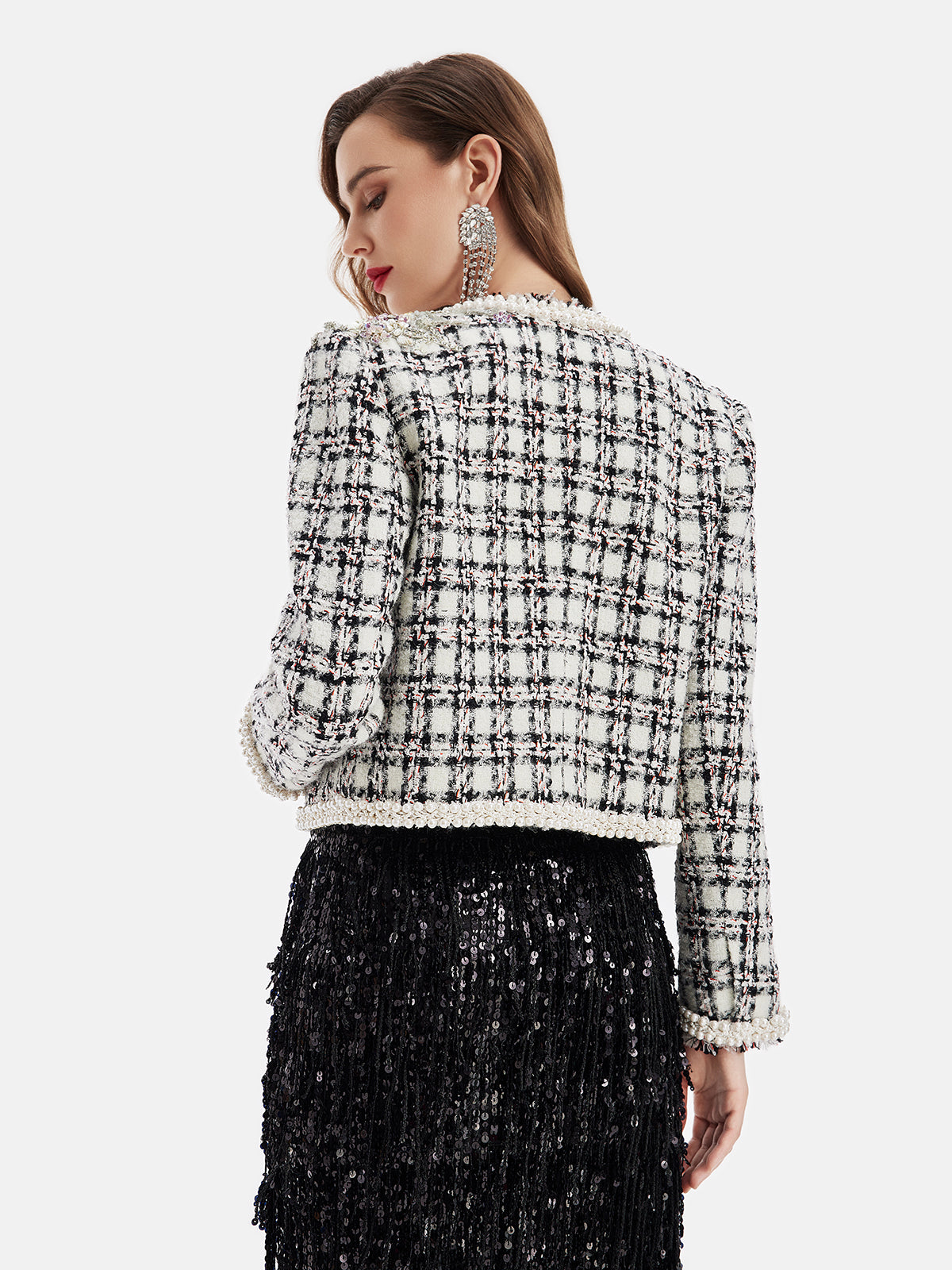 French Wool-Blend Beaded Plaid Jacket