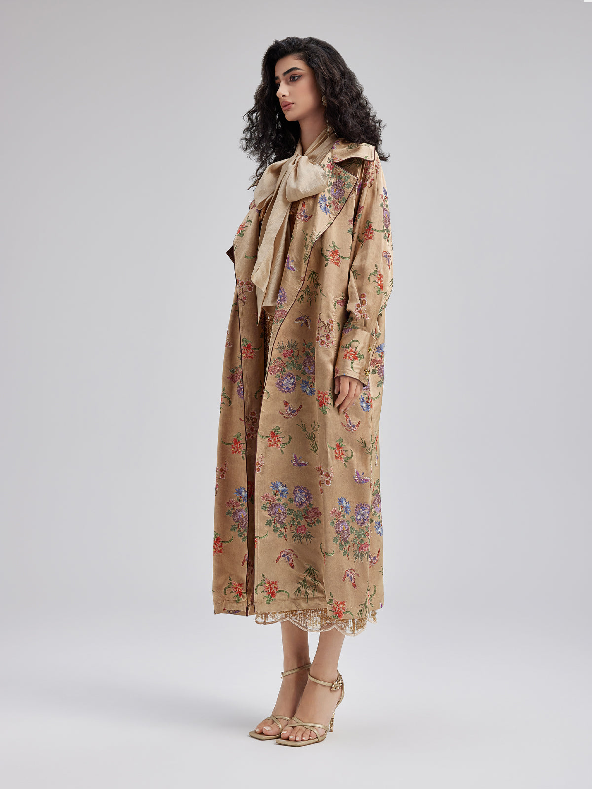 Neo Chinese Style Silk Print Trench Coat