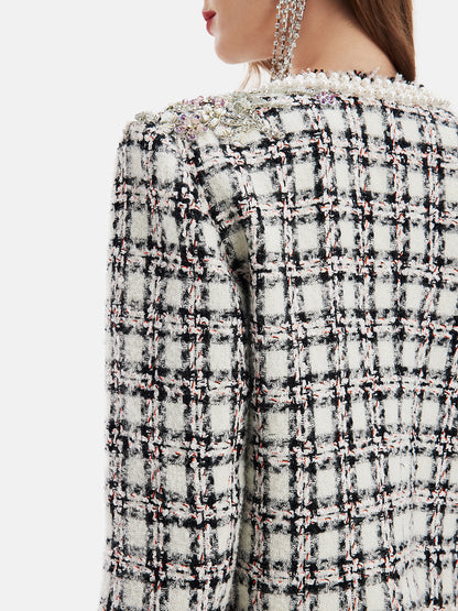 French Wool-Blend Beaded Plaid Jacket